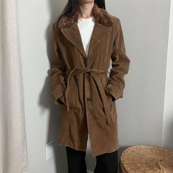 vintage camel brown suede leather faux fur collared belted trench coat jacket